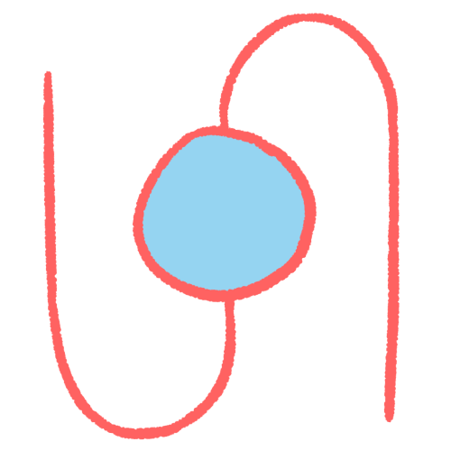 a drawing of a light blue circle, with a large pink sideways S underneath it, with the middle of the S intersecting the centre of the circle. the lines are thick.